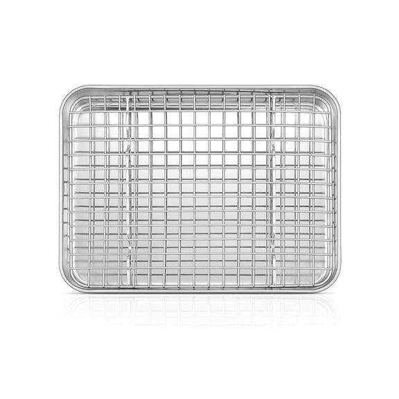 Vesteel 10 inch Baking Pan with Rack Set, Stainless Steel Rectangle Baking Sheet Toaster Oven Tray with Grid Cooling Rack for Cookies Meats, Non-Toxic & Dishwasher Safe