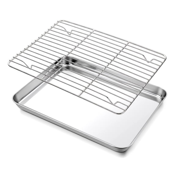 Vesteel Quarter Sheet with Rack Set, Stainless Steel Baking Pan with Cooling Rack for Toaster Oven Roasting, Heavy Duty & Dishwasher Safe, 12.4” x 9.7”