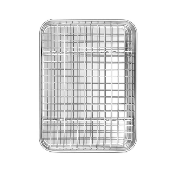 Vesteel 12.5 inch Baking Pan with Rack Set, Stainless Steel Rectangle Baking Sheet Toaster Oven Tray with Grid Cooling Rack for Cookies Meats, Non-Toxic & Dishwasher Safe