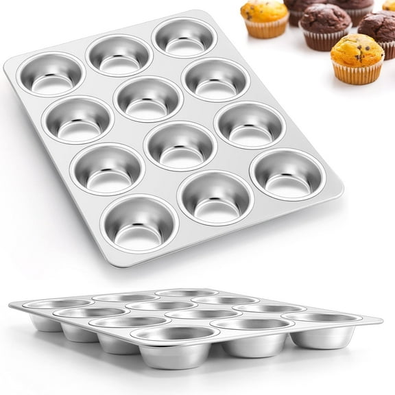 Vesteel 12-Cup Muffin Pan Set of 2, Stainless Steel Cupcake Tin Metal Cup Cake Baking Tray for Oven, Non Toxic & Dishwasher Safe