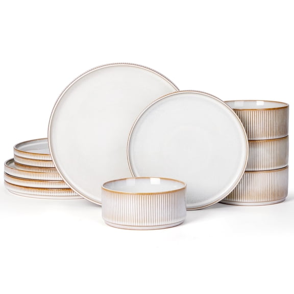 Vesteel Dinnerware Set for 4, 12-Piece Premium Stoneware Ribbed Dishes with Reactive Glaze, Chip & Scratch Resistant Plates and Bowls Set for Home Restaurant, Microwave Safe - Cappuccino White