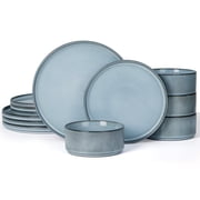 Vesteel Dinnerware Set for 4, 12-Piece Premium Stoneware Ribbed Dishes with Reactive Glaze, Chip & Scratch Resistant Pla