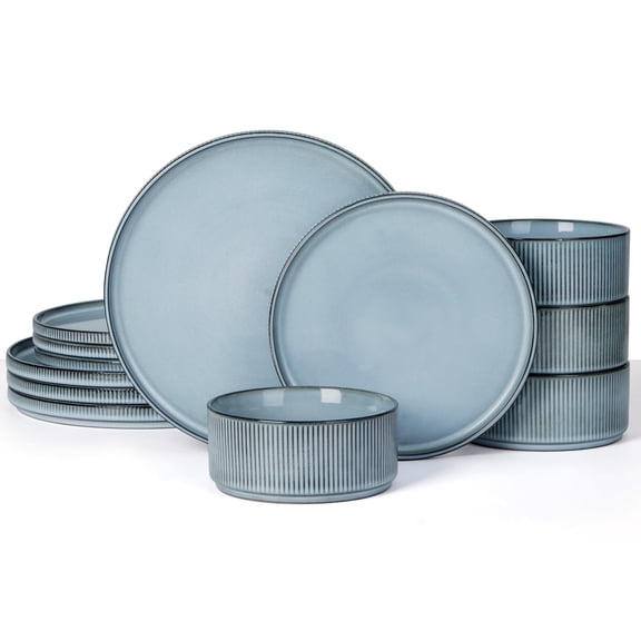 Vesteel Dinnerware Set for 4, 12-Piece Premium Stoneware Ribbed Dishes with Reactive Glaze, Chip & Scratch Resistant Plates and Bowls Set for Home Restaurant, Microwave Safe - Smoky Blue