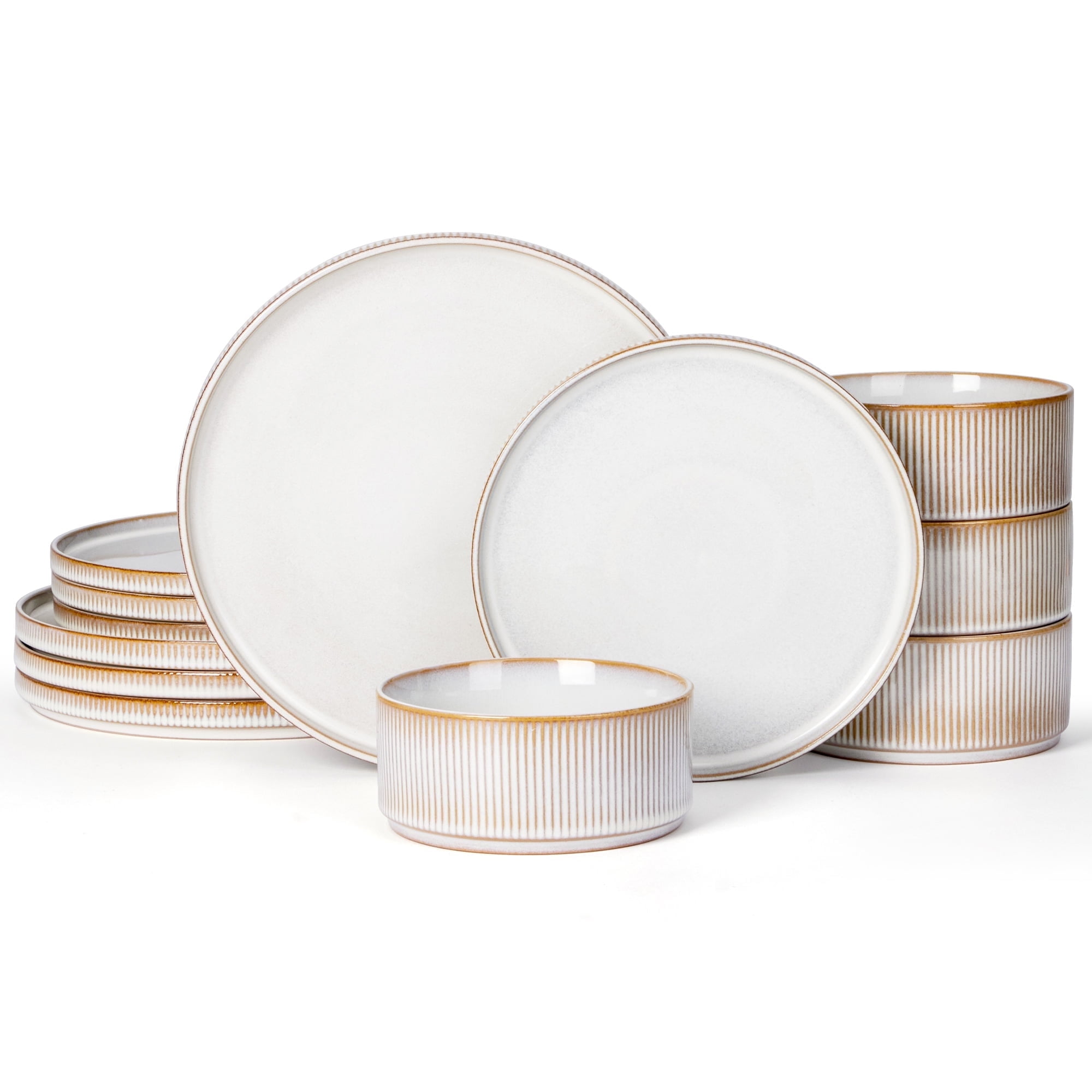 Vesteel Dinnerware Set for 4, 12-Piece Premium Stoneware Ribbed Dishes with Reactive Glaze, Chip & Scratch Resistant Plates and Bowls Set for Home Restaurant, Microwave Safe - Cappuccino White