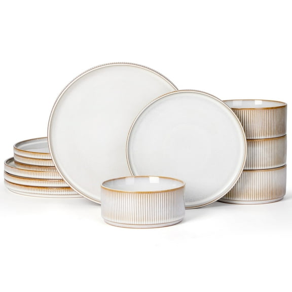 Vesteel Dinnerware Set for 4, 12-Piece Premium Stoneware Ribbed Dishes with Reactive Glaze, Chip & Scratch Resistant Plates and Bowls Set for Home Restaurant, Microwave Safe - Cappuccino White