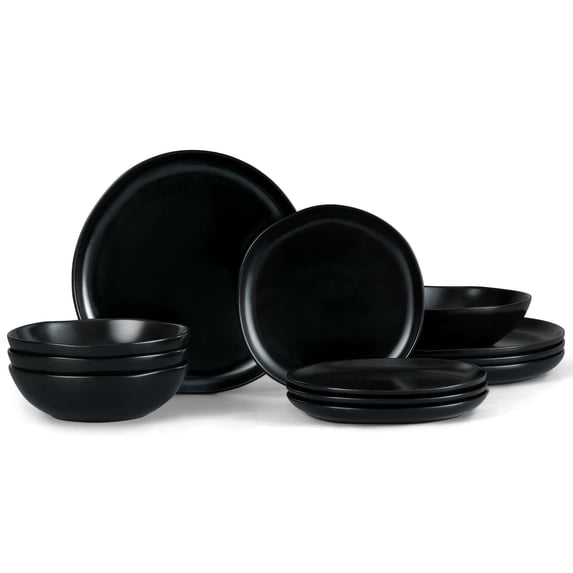 Vesteel Dinnerware Set for 4, 12 Pieces Premium Stoneware Plates and Bowls Set for Home, Chip & Scratch Resistant, Microwave and Dishwasher Safe - Matte Black