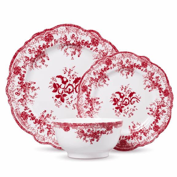Vesteel 12-Piece Dinnerware Set, Ceramic Plates and Bowls Set for 4, Floral Stoneware Tableware Dishes Set for Home Kitchen, Microwave & Dishwasher Safe, Vintage Red