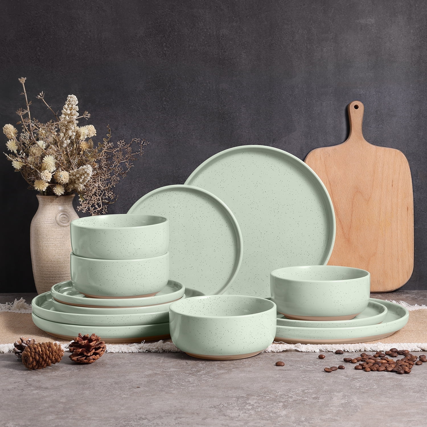 Vesteel 12-Piece Dinnerware Set, Ceramic Plates and Bowls Set for 4, Speckled Stoneware Dishes Set for Family, Microwave & Dishwasher Safe - Light Green