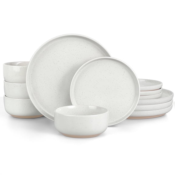 Vesteel 12-Piece Dinnerware Set, Ceramic Plates and Bowls Set for 4, Speckled Stoneware Dishes Set for Family, Microwave & Dishwasher Safe - Speckled White