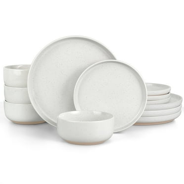 Vesteel 12-Piece Dinnerware Set, Ceramic Plates and Bowls Set for 4, Speckled Stoneware Dishes Set for Family, Microwave & Dishwasher Safe - Speckled White
