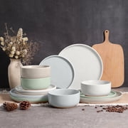 Vesteel 12-Piece Dinnerware Set, Ceramic Plates and Bowls Set for 4, Speckled Stoneware Dishes Set with Makeup Clay for