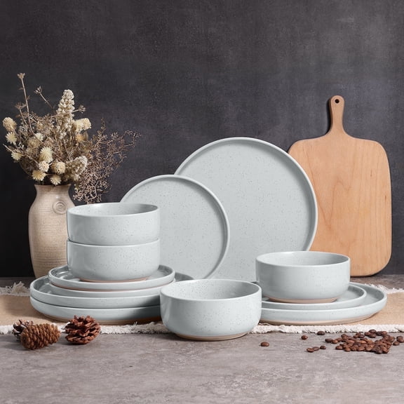 Vesteel 12-Piece Dinnerware Set, Ceramic Plates and Bowls Set with Makeup Clay for 4, Speckled Stoneware Dishes Set for Family, Microwave & Dishwasher Safe - Light Gray