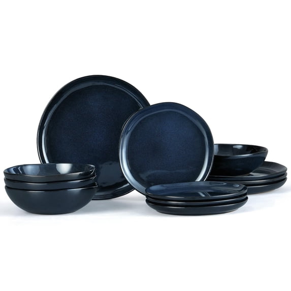 Vesteel Dinnerware Set for 4, 12 Pieces Premium Stoneware Plates and Bowls Set, Handmade Reactive Glaze Dishes for Home, Chip & Scratch Resistant, Microwave and Dishwasher Safe - Starry Blue