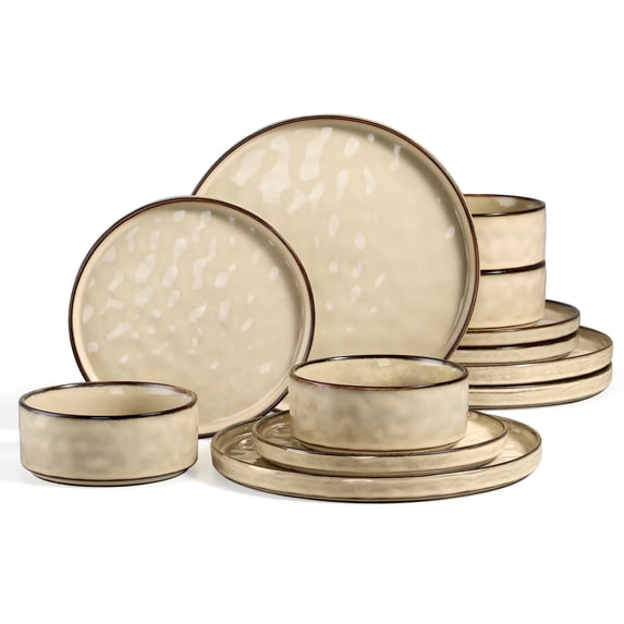 Vesteel 12-Piece Dinnerware Sets, Stoneware Plates and Bowls Set, Dishes Set for 4, Elegant Ceramic Dinnerware for Home Restaurant - Khaki