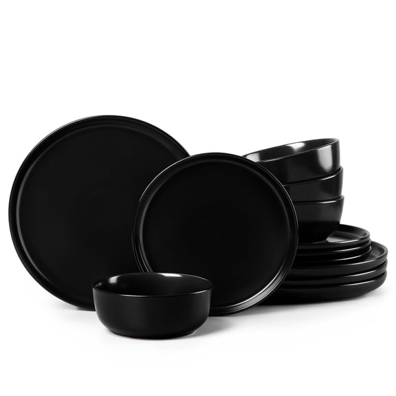 Vesteel Dinnerware Sets for 4, 12Pcs Premium Plates and Bowls Set, Farmhouse Handmade Stoneware Sets for Home Restaurant, Microwave & Dishwasher Safe, Matte Black