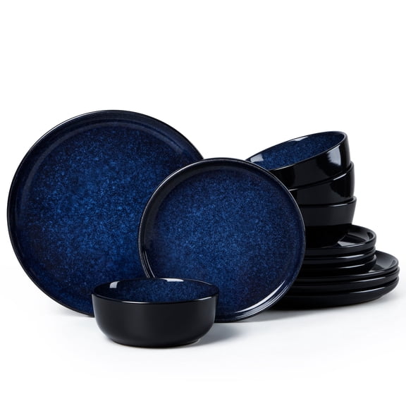 Vesteel Dinnerware Sets for 4, 12Pcs Double Reactive Glaze Plates and Bowls Set, Farmhouse Handmade Stoneware Sets for Home Restaurant, Microwave & Dishwasher Safe, Ocean Blue