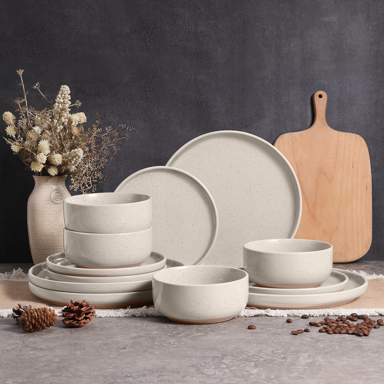 Vesteel 12-Piece Dinnerware set, Ceramic Plates and Bowls set for 4, Speckled Stoneware Dishes Set for Family, Microwave & Dishwasher Safe - Cappuccino Brown