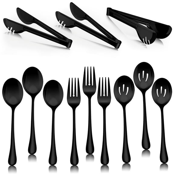 Vesteel 12-Piece Stainless Steel Black Serving Utensils, Include 3 Large Serving Spoons, 3 Slotted Serving Spoons, 3 Servin Tongs