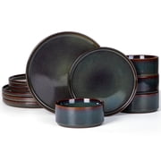 Vesteel Dinnerware Set for 4, 12-Piece Stoneware Ribbed Dishes with Reactive Glaze, Ceramic Plates and Bowls Set for Hom