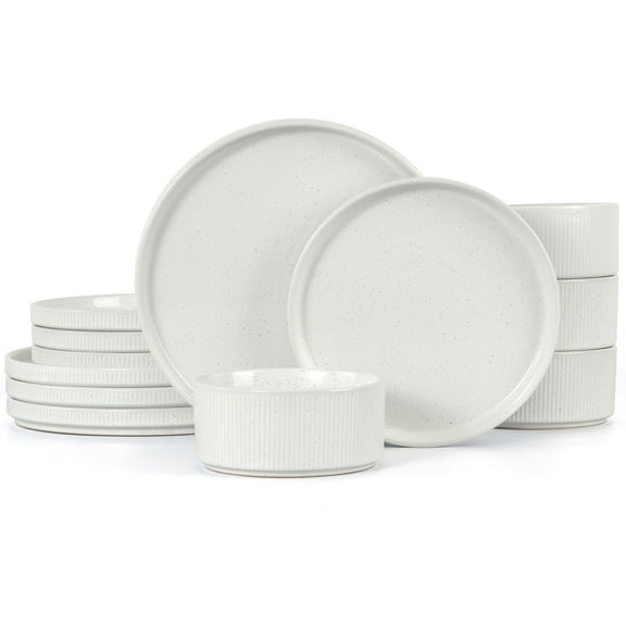 Vesteel 12 Pieces Dinnerware Set for 4, Premium Stoneware Ribbed Dishes, Chip & Scratch Resistant Plates and Bowls Set for Home Restaurant, Microwave and Dishwasher Safe - Speckled White