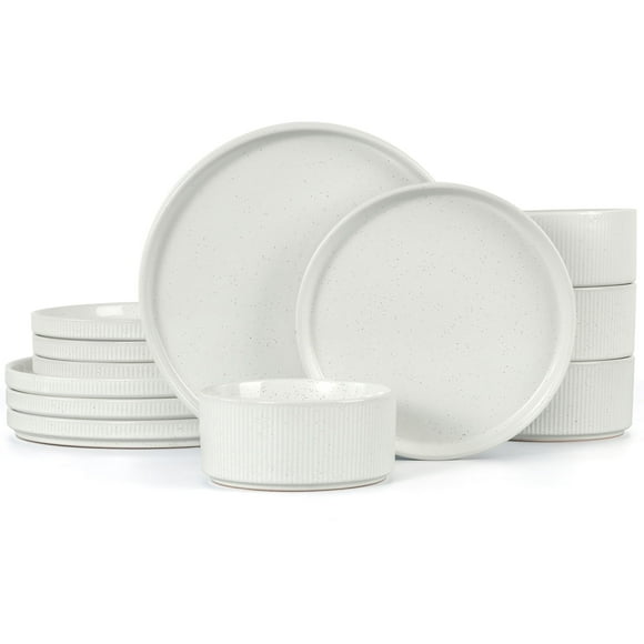 Vesteel 12 Pieces Dinnerware Set for 4, Premium Stoneware Ribbed Dishes, Chip & Scratch Resistant Plates and Bowls Set for Home Restaurant, Microwave and Dishwasher Safe - Speckled White