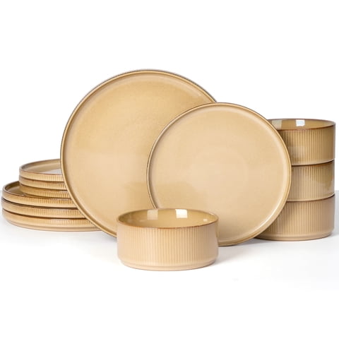 Vesteel Dinnerware Set for 4, 12-Piece Stoneware Ribbed Dishes with Reactive Glaze, Ceramic Plates and Bowls Set for Home Restaurant, Chip & Scratch Resistant - Caramel Khaki