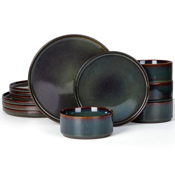 Vesteel Dinnerware Set for 4, 12-Piece Stoneware Ribbed Dishes with Reactive Glaze, Ceramic Plates and Bowls Set for Home Restaurant, Chip & Scratch Resistant - Blackish Green