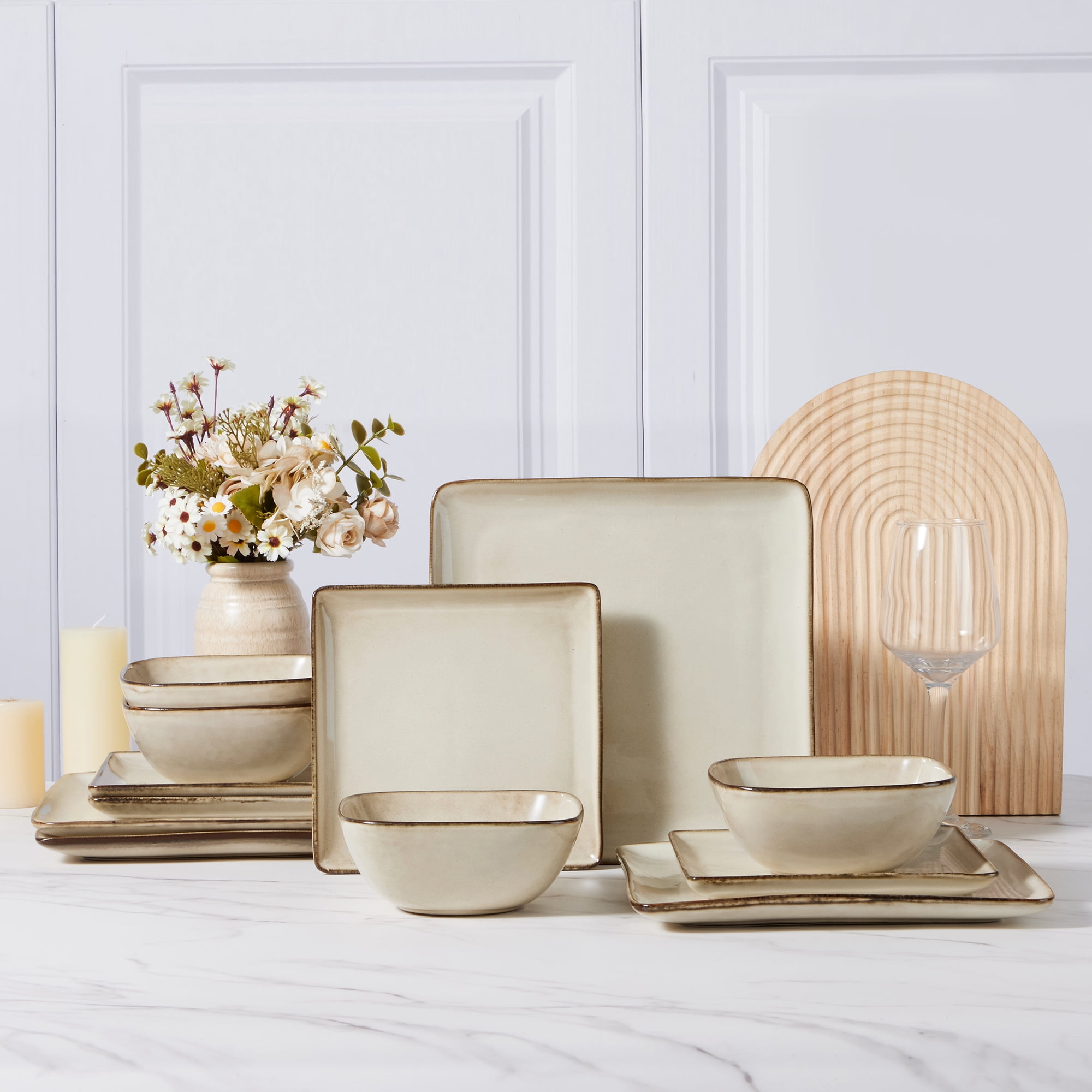Vesteel 12 Pieces Square Dinnerware Sets, Ceramic Plates and Bowls Sets for 4, Handmade Reactive Glaze Dishes Set for Kitchen Dining, Microwave & Dishwasher Safe, Khaki - Walmart.com
