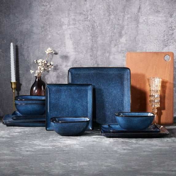 Vesteel 12 Pieces Square Dinnerware Sets, Ceramic Plates and Bowls Sets for 4, Handmade Reactive Glaze Dishes Set for Kitchen Dining, Microwave & Dishwasher Safe, Ocean Blue