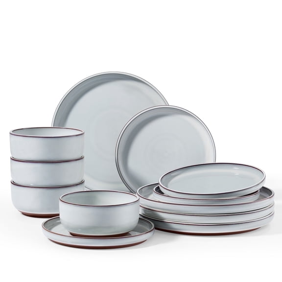 Vesteel 12Pcs Dinnerware Set, Ceramic Plates and Bowls Set for 4, Reactive Glaze Tableware Set with Purple Clay Base for Home, Chip & Scratch Resistant Stoneware, Moonlight White