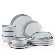 Vesteel 12Pcs Dinnerware Set, Ceramic Plates and Bowls Set for 4, Reactive Glaze Tableware Set with Purple Clay Base for Home, Chip & Scratch Resistant Stoneware, Moonlight White
