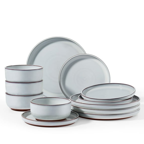 Vesteel 12Pcs Dinnerware Set, Ceramic Plates and Bowls Set for 4, Reactive Glaze Tableware Set with Purple Clay Base for Home, Chip & Scratch Resistant Stoneware, Moonlight White