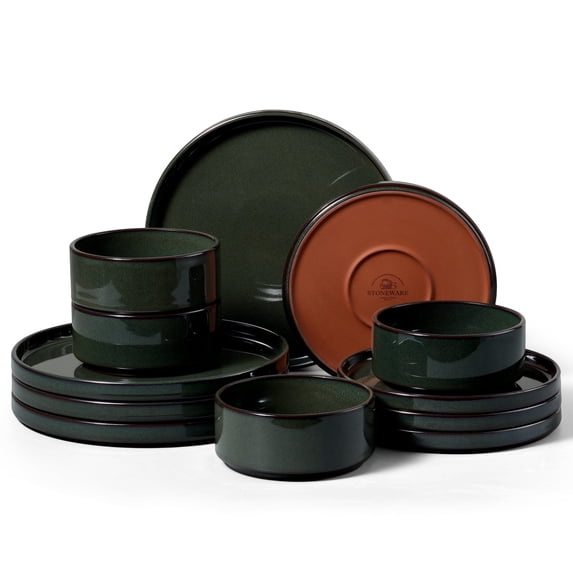 Vesteel 12-Piece Dinnerware Set, Ceramic Tableware Reactive Glaze Plates and Bowls Sets, Healthy Yixing Purple Clay Dishes Set, Dishwasher & Microwave Safe - Blackish Green