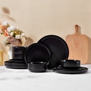 Vesteel Dinnerware Sets for 4, 12-Piece Stoneware Dish and Bowls Set, Handmade Reactive Glaze Coupe Plates Set for Family, Chip & Scratch Resistant - Matte Black