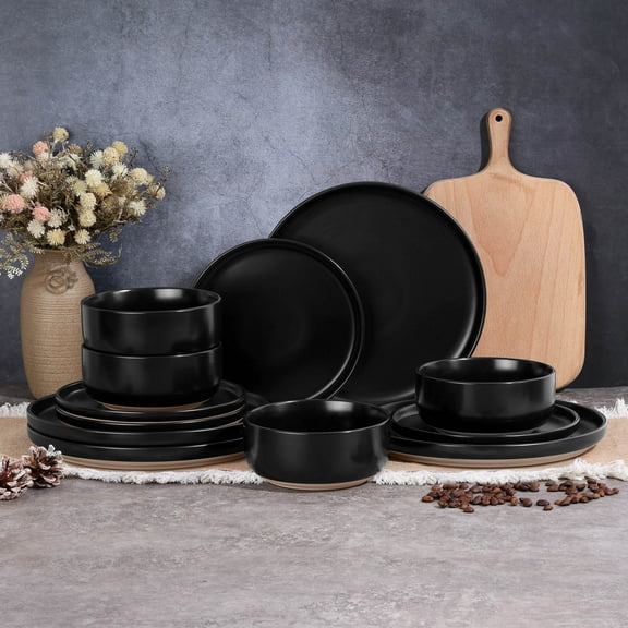Vesteel 12-Piece Dinnerware set, Ceramic Plates and Bowls set for 4, Speckled Stoneware Dishes Set for Family, Microwave & Dishwasher Safe - Matte Black