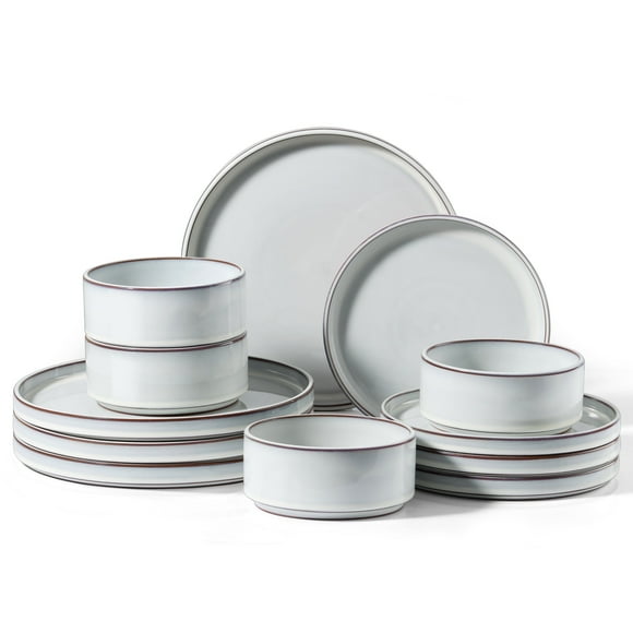 Vesteel 12-Piece Dinnerware Set, Ceramic Plates and Bowls Sets, Healthy Yixing Purple Clay Dishes Set, Elegant & Durable Tableware, Dishwasher & Microwave Safe - Moonlight White