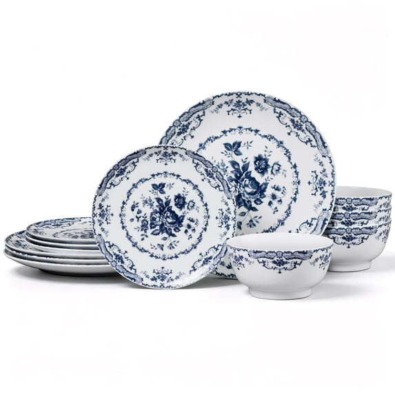 Vesteel 12 Pieces Bowls and Plates Set, Floral Ceramic Dinnerware Set for 4, Porcelain Tableware Dishes Set for Kitchen, Dining, Microwave & Dishwasher Safe, Vintage Blue