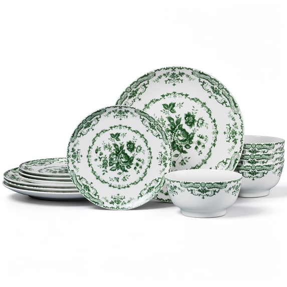 Vesteel 12 Pieces Bowls and Plates Set, Floral Ceramic Dinnerware Set for 4, Porcelain Tableware Dishes Set for Kitchen, Dining, Microwave & Dishwasher Safe, Vintage Green