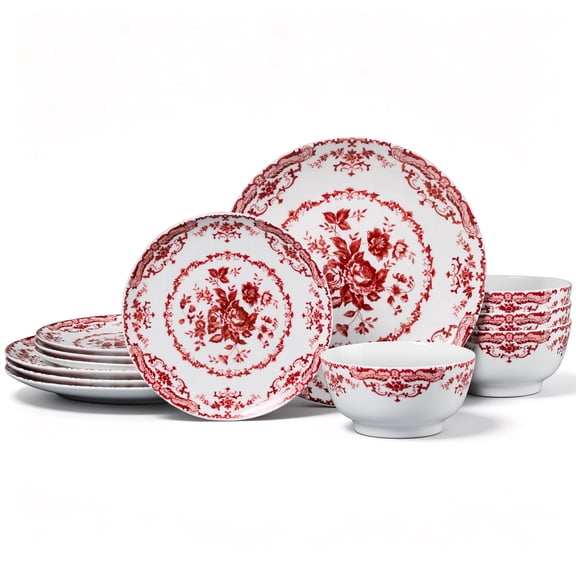 Vesteel 12 Pieces Bowls and Plates Set, Floral Ceramic Dinnerware Set for 4, Porcelain Tableware Dishes Set for Kitchen, Dining, Microwave & Dishwasher Safe, Vintage Red