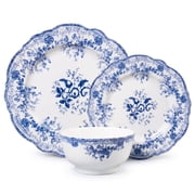 Vesteel 12-Piece Plates and Bowls Set, Ceramic Dinnerware Set for 4, Floral Stoneware Tableware Dishes Set for Home Kitchen, Microwave & Dishwasher Safe, Vintage Blue