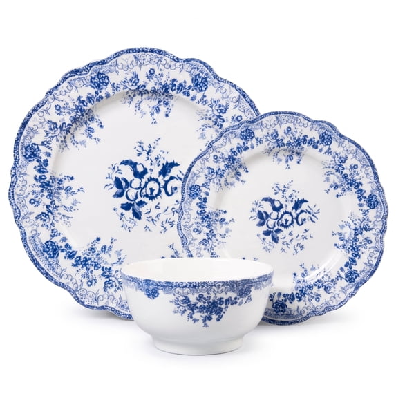 Vesteel 12-Piece Plates and Bowls Set, Ceramic Dinnerware Set for 4, Floral Stoneware Tableware Dishes Set for Home Kitchen, Microwave & Dishwasher Safe, Vintage Blue