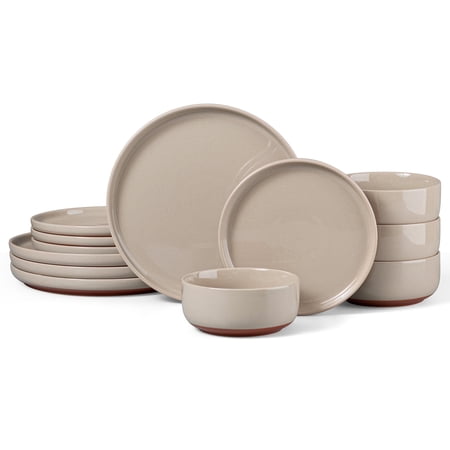 Vesteel 12-Piece Dinnerware Set for 4, Handcrafted Ceramic Plates and Bowls Set, Speckled Stoneware Dishes Set for Family, Microwave & Dishwasher Safe - Cappuccino Brown