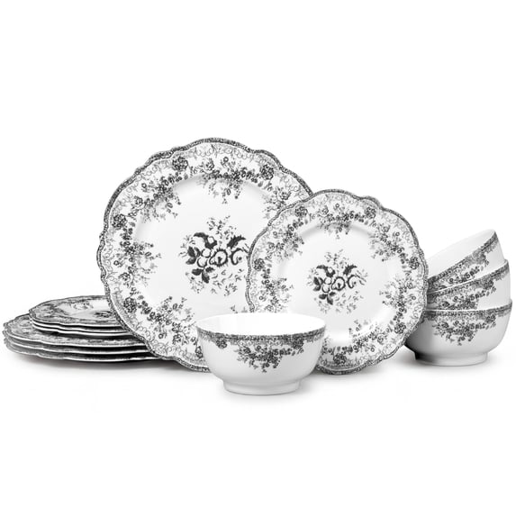 Vesteel 12-Piece Plates and Bowls Set, Ceramic Dinnerware Set for 4, Floral Stoneware Tableware Dishes Set for Home Kitchen, Microwave & Dishwasher Safe, Vintage Grey