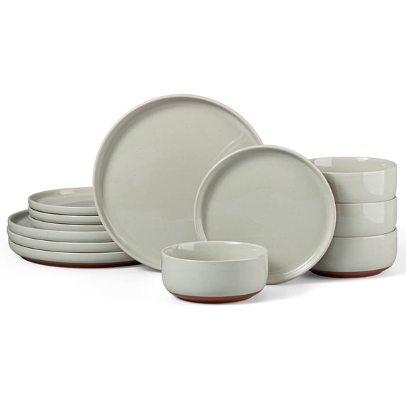 Vesteel 12-Piece Dinnerware Set for 4, Handcrafted Ceramic Plates and Bowls Set, Speckled Stoneware Dishes Set for Family, Microwave & Dishwasher Safe - Light Green