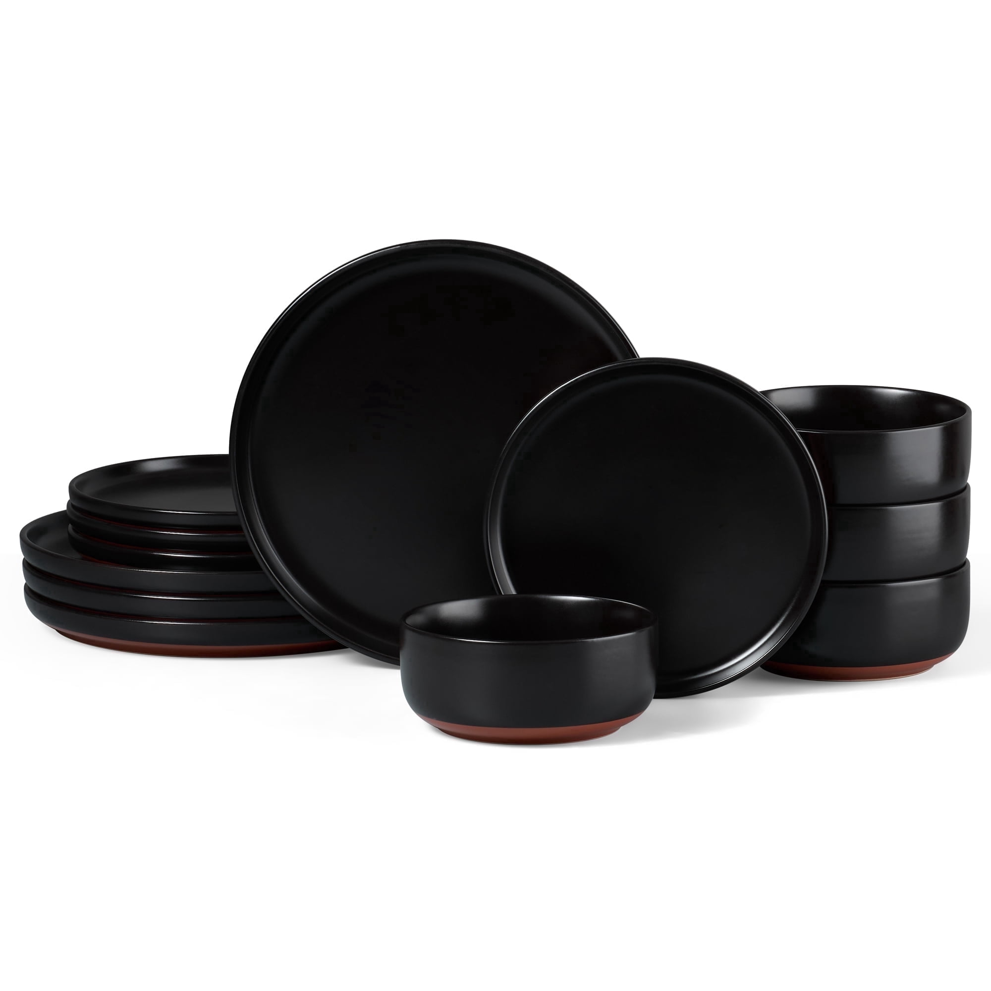Vesteel 12-Piece Dinnerware Set for 4, Ceramic Plates and Bowls Set, Handcrafted Stoneware Dishes Set for Family Restaurant, Microwave & Dishwasher Safe - Matte Black
