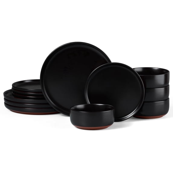 Vesteel 12-Piece Dinnerware Set for 4, Ceramic Plates and Bowls Set, Handcrafted Stoneware Dishes Set for Family Restaurant, Microwave & Dishwasher Safe - Matte Black