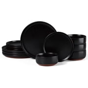 Vesteel 12-Piece Dinnerware Set for 4, Ceramic Plates and Bowls Set, Handcrafted Stoneware Dishes Set for Family Restaurant, Microwave & Dishwasher Safe - Matte Black