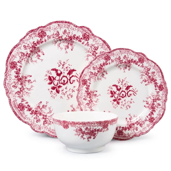 Vesteel 12-Piece Plates and Bowls Set, Ceramic Dinnerware Set for 4, Floral Stoneware Tableware Dishes Set for Home Kitchen, Microwave & Dishwasher Safe, Vintage Pink