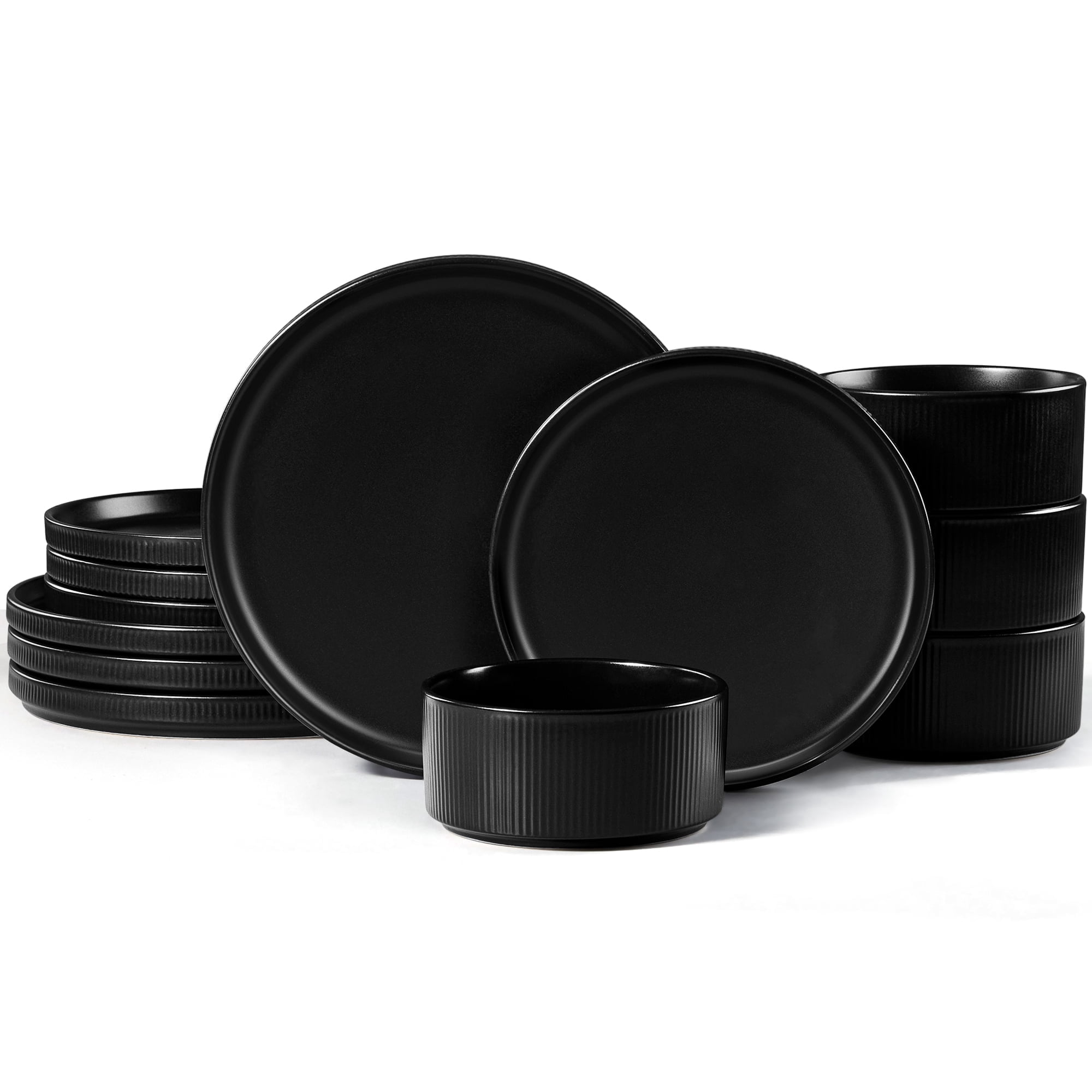 Vesteel Dinnerware Set for 4, 12-Piece Premium Stoneware Ribbed Dishes, Chip & Scratch Resistant Plates and Bowls Set for Home Restaurant, Microwave Safe and Dishwasher Safe - Matte Black
