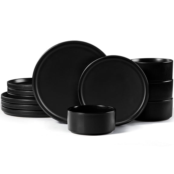 Vesteel Dinnerware Set for 4, 12-Piece Premium Stoneware Ribbed Dishes, Chip & Scratch Resistant Plates and Bowls Set for Home Restaurant, Microwave Safe and Dishwasher Safe - Matte Black